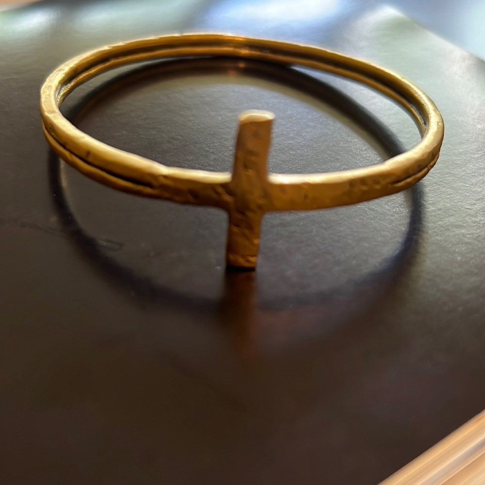 Custom 24kt Antique Gold Plate Sideways Cross Bangle Bracelet.